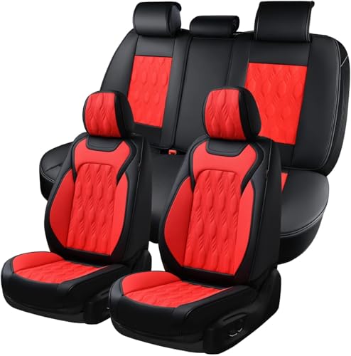 Image of Coverado Car Seat Cover Full Set, Leather Seat Covers for Front and Rear, Waterproof Seat Covers 5 Seats, Luxury Car Seat Protectors Driver Seat Cushions Universal for Most Vehicles, Red