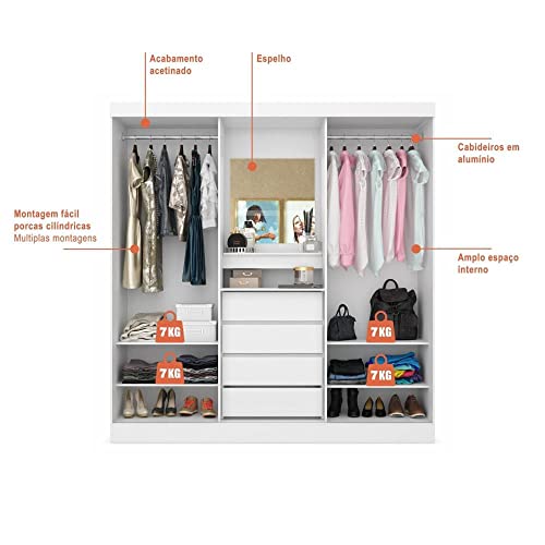 Guarda Roupa Solteiro com Espelho 2 Portas de Correr 4 Gavetas Itália Yescasa Branco