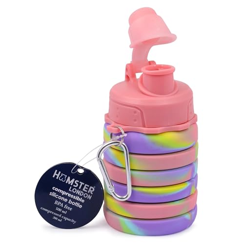 Image of HAMSTER London Silicone Expandable Foldable Water Bottle 500ml for Kids | BPA-Free Collapsible Leak-Proof Drinking Bottle | Lightweight Portable Bottle for School, Travel, Outdoor (Pink)