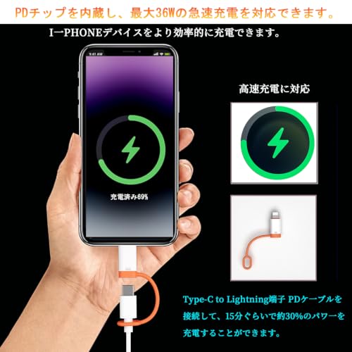 USB-C to Lightning 変換アダプタ タイプC to iOS変換コネクタ OTG機能対応 iPhone14/13/12シリーズ対応 iPad対応 AirPods対応 急速充電 高速データ転送 Type-Cイヤホン・マイク対応 紛失防止ストラップ付き オレンジ
