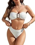 Blooming Jelly Womens Bandeau Bikini Sets Sexy Strapless Two Piece Swimsuit 2025 Cheeky High Cut Cute Ribbed Ladies Bathing Suit (Large, Beige)