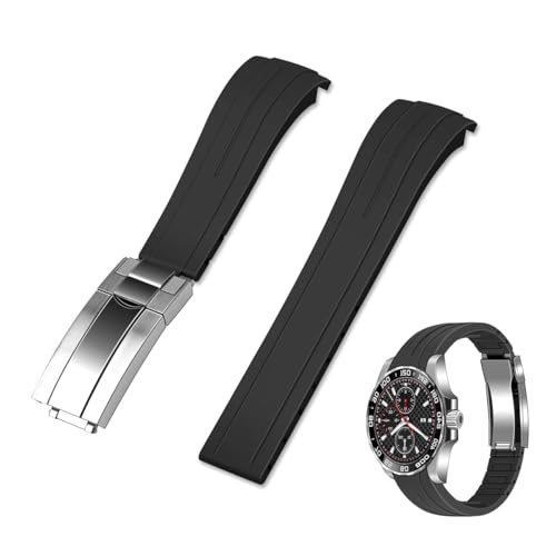 Kai Tian 20mm Rubber Watch Straps with Classic Diving Buckle, Black Curved End Tapered Silicone Watch Replacement Watch Strap for Men Women