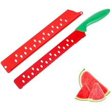 Watermelon Knife with Sleeve for Melon Cutting, Long Serrated Bread Lettuce Vegetable Knife, Kitchen Fruit Melon Tomato Cutter Slicer, with Cover for Home Summer Party Camping Outdoor Red Green