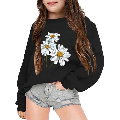 Vuncio Kids Girls Sweatshirt without Hood Floral Graphic Long Sleeve Winter Teenage Girls Sweatshirt Comfortable Baggy Cartoon Cute School Casual Tops Blouse 3-14 Years (Black, 3-4 Years)