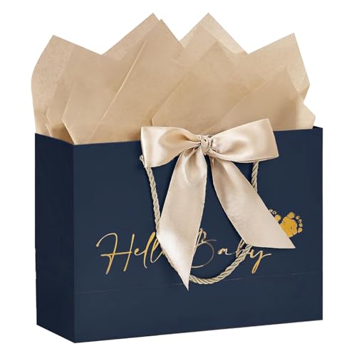 Sac cadeau de naissance de luxe Hello Baby Bleu marine avec nœud doré 13 x 18 cm