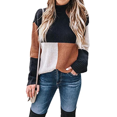XIAOCILAO Suéter casual de manga larga para mujer otoño e invierno suelto con cuello medio alto con costuras en contraste, Negro, M Cover