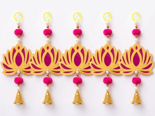 Image of JH Gallery Magenta Bell Lotus Hanging Set of 5 - Handmade Ganesh Chaturthi Decoration Items for Home, Ganpati Mandap Backdrop, Pooja Room Wall & Door Toran (9 Inch)