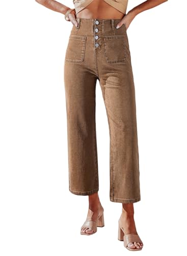 Sidefeel Women's Wide Leg Jeans High Waisted Stretchy Straight Leg Jeans Buttoned Loose Denim Pants with Pocket Brown Size 16 Long