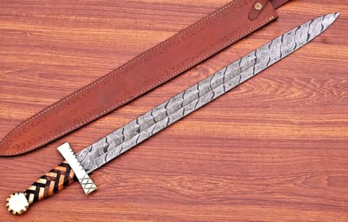 Empire - Damascus Steel Double Edge Hunting Sword - Cross Wood Handle - Combat Sword - Hunting Sword with Leather Sheath - Best