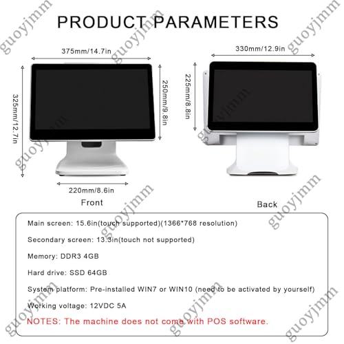 Image of Dual-Screen Smart Cash Register, 15.6 Inch Touch Screen, 13.3 Inch Consumer Screen, Adjustable Screen Angle,N2930, 4GB RAM, 64GB SSD, for Retail, Catering, Hospitality