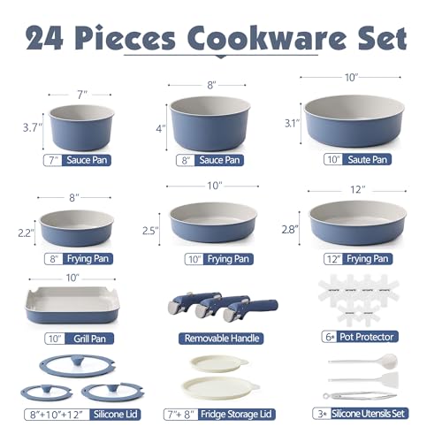 Image of SENSARTE 24 Piece Ceramic Pots and Pans Set, Nonstick Detachable Handle Cookware, Induction Kitchen Cookware Set with Removable Handle, Healthy Non Stick for RV, Dishwasher&Oven Safe, PFOA Free (Navy)
