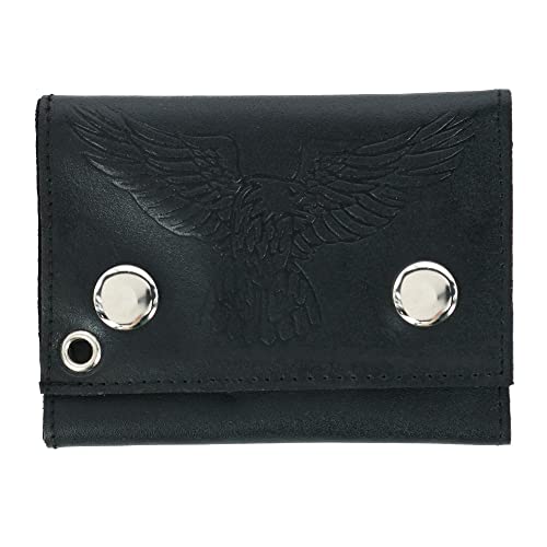 CTM Men's Leather Eagle Print Trifold Double Snap Chain Wallet, Black2