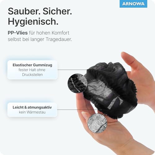 ARNOMED® Einweg Haarnetz, Einweghauben Kopf, Haube für OP, Gastronomie & Hygiene, Haarhaube Einweg, Einweg Kopfhaube, Netz für Haare, Klipphauben, Haarschutzhaube Stoff, M - 52 CM, Schwarz, 100x Stück