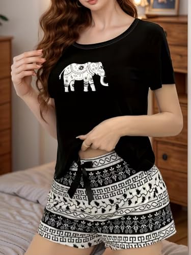 Image of Celary Korean Women's Pyjama Set|Cute Printed T-Shirt & Shorts Set|Soft Cotton Blend Women Night Suit Sleepwear| Shorts Set for Women