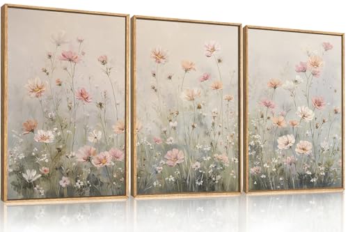 LHIUEM Watercolor Wildflower Framed Canvas Wall Art,Vintage Floral Wall Decor,Nature Pink Daisy Painting,Botanical Flower Artwork for Living Room,Bedroom,Dining Room -16"x24"x3