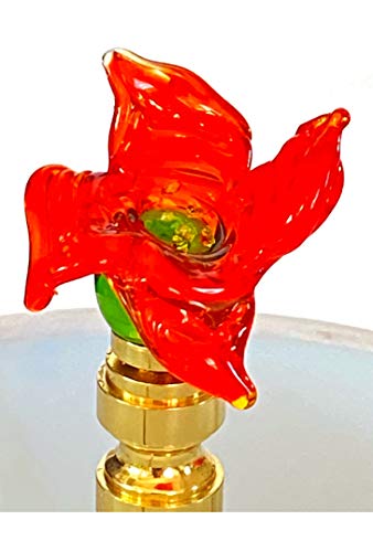 FINIALS- Handmade Venetian Glass Flower Lamp Finial -Orange-y Red, Green Flower Blossom Finial - Brass, Bronze or Nickel Hardware, Lampwork Glass
