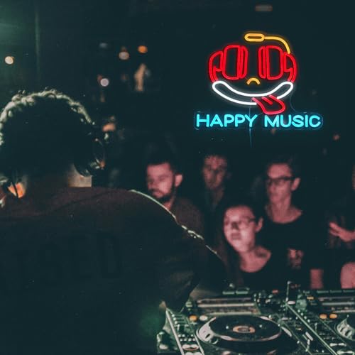 Image of Happy Music Neon Sign Dimmable Led Microphone Neon Light for Wall Decor USB Cute Headset Neon Light Sign for Music Studio Bar Live House Karaoke Party Bedroom