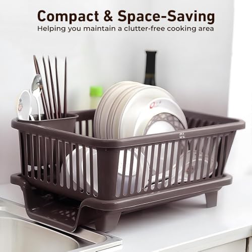 Image of Plastic Kitchen Dish Drainer Rack with Drying Tray & Cutlery Holder | 23 x 46 x 56 cm Utensil Stand & Bartan Stand | Mesh Design Dish Drying Basket Organizer for Kitchen Counter - Brown