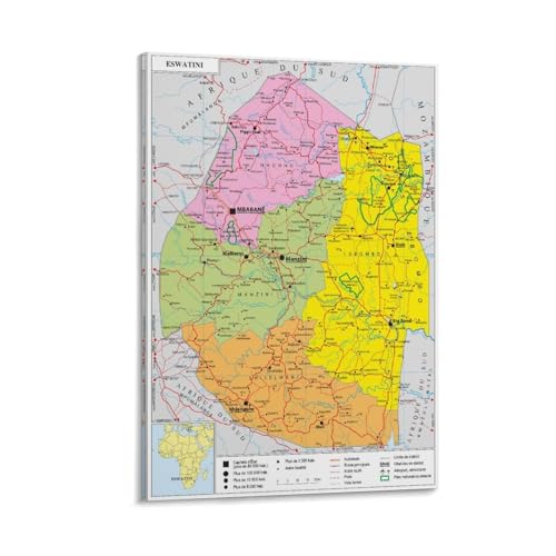 Swaziland Map Posters World Map poster Artworks Canvas Room Aesthetic Wall Art Prints Decor Framed-unframed 24x36inch(60x90cm)