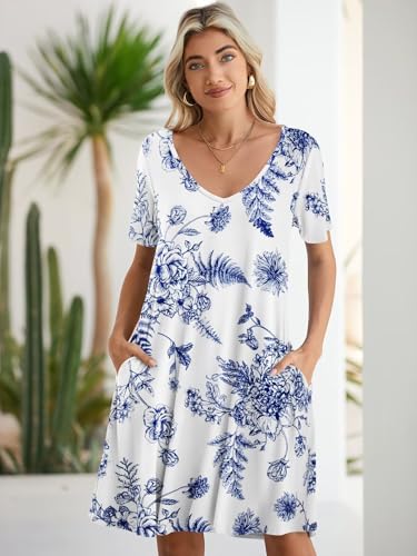 Image of BELAROI Women Casual Summer Dresses Loose Tshirt Beach Sundress V Neck Plus Size Swing Tunic Pockets