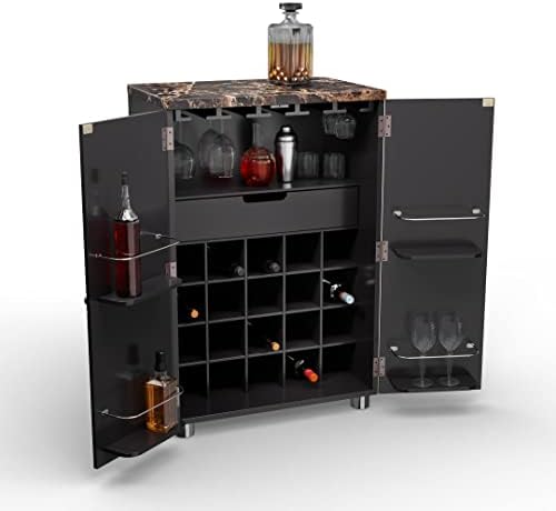 SEI Furniture Cape Town Contemporary Bar Liquor and Wine Cabinet with Storage, Faux Marble Countertop with Black Finish