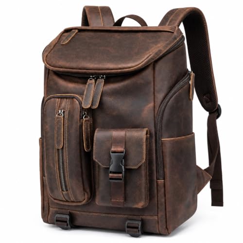 CHAO RAN Mochila masculina de couro legítimo, impermeável, para viagem, faculdade, laptop, mochila de trabalho diário, Marrom, G