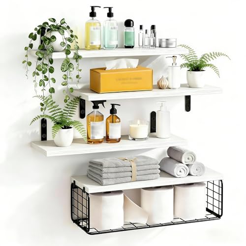 FREEAMG Floating Shelves with Wire Storage Basket, Wood Floating Shelves for Wall Decor, Wall Mounted Shelves for Bathroom, Living Room, Bedroom, Kitchen, Set of 4 +1 (White)