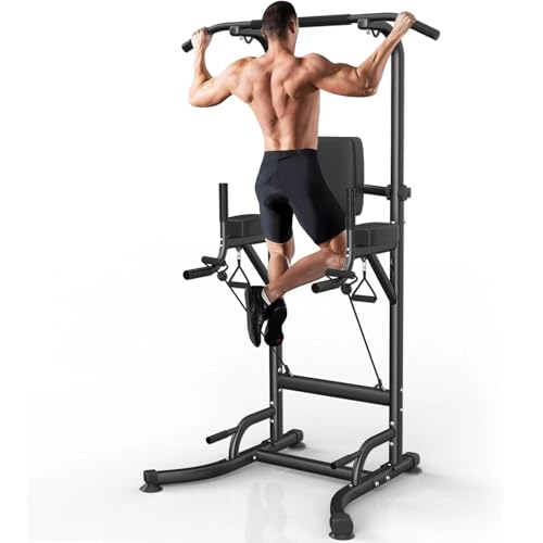 Power Tower Dip Station, Fitness Strength con barra de tracción, multifunción para entrenamiento de fuerza en el gimnasio en casa, cargable 330LBS, color negro