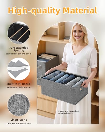 Meunmro 4 Pack Large Jeans Drawer Organizers, 6-Compartment Wardrobe Clothes Organizers, Foldable Drawer Organizers for Pants, Sweaters, Jeans, T-shirts (16.9inch)