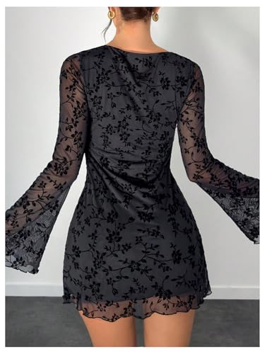 SOLY HUX Women's Floral Sexy Mesh Mini Dress Bell Long Sleeve Bodycon Going Out Dresses2