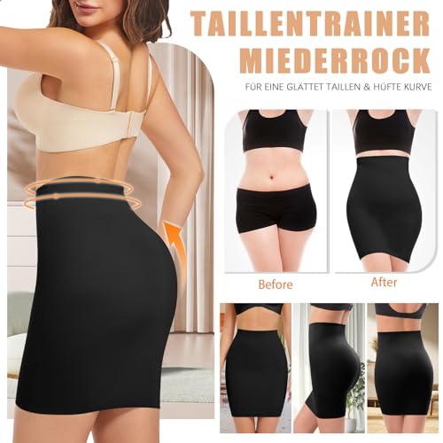 ONEW Bauchweg Shapewear Unterrock Damen Nahtlose Hoch Taillen Halbrock Taillentrainer Miederrock Body Shaper Shaping Half Slip Schwarz L