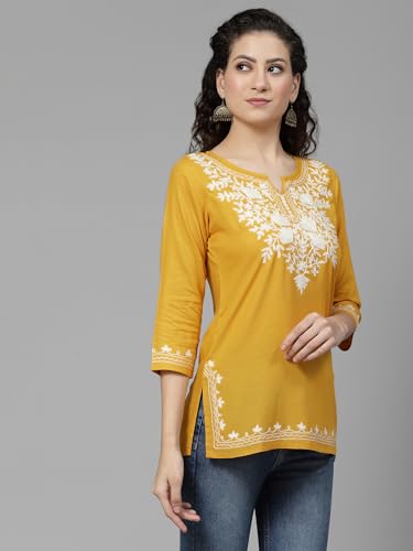 Image of QAZMI Aari Embroidered Rayon Cotton Short Kurti