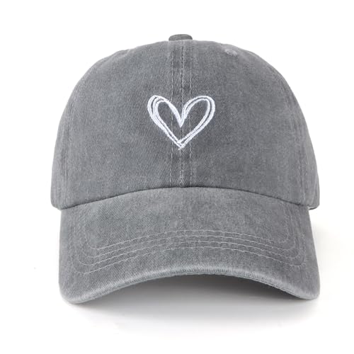 HeyCaps - Vintage Washed Baseball Cap Women - Adjustable Distressed Twill Soft Cotton Ladies Hat Cute Love Heart Embroidered, Line Heart- Grey, One Size
