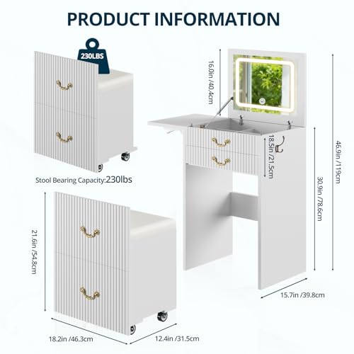 Image of FURSUN 3-in-1 Vanity with Flip Mirror & Lights, Fluted Compact Vanity Table with 3 Drawers, Storage Compartment and Rolling Stool, Modern Small Makeup Vanity for Bedroom, Powder Room, Solid White