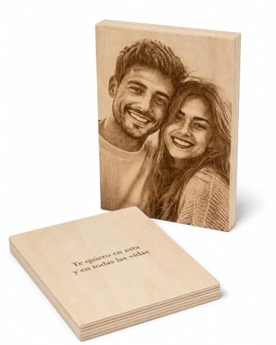 Genérico Cuadro personalizado en madera natural con foto y texto grabado | Retrato en madera con imagen a medida y dedicatoria | Regalo original y único| 21x15x1,8