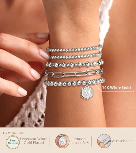 adoyi Silver Beaded Bracelets for Women, 14K Gold Plated Jewelry Bracelet Stack Dainty Initial Stackable Stretch Bead Ball Letter I Strand Bracelet Set Adjustable Gift for Women - Image 5
