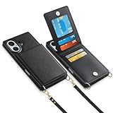 Vofolen for iPhone 16 Case Wallet with Card Holder Crossbody Lanyard Strap Leather with Magnetic Clasp Kickstand Heavy Duty Shockproof Protective Flip Cover for iPhone 16 Phone Case for Women, Black