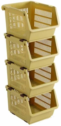 BtcFu キッチン収納 スリム 省スペース 積み重ねバスケット 4個セット 連結スタッキング ストッカー キッチン・パントリー向け プラスチック 収納ボックス 収納ケース 多用途 食品整理 ベージュ (F*4,グリーン)