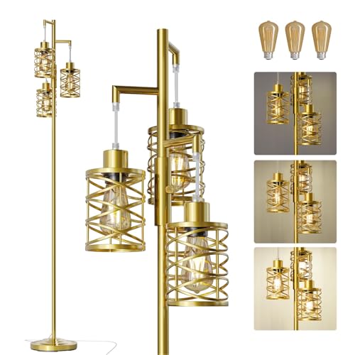 Image of Oneach 70 inch Industrial Floor Lamp, Stepless Dimmable Standing Lamp with 3 Bulbs, Farmhouse Corner Standing Tree Lamp for Living Room, Tall Lamps for Bedroom, Office, Study Room, Dining Room, Gold