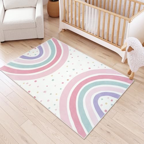 Image of STARUIA 4x6 Washable Rainbow Rug for Nursery Kids Room, Soft Polka Dot Pink Area Rugs for Girls Bedroom, Non-Slip Carpet Kids Rug for Playroom Princess Castle