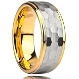 Stfery Anillo martillado de acero de tungsteno para hombre, de dos tonos, oro y plata cepillada, 8 mm para él, V 1/2, Metal, Sin piedra preciosa