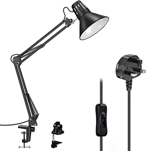 Milpoel Desk Lamp, Metal Swing Arm Table Lamp, Clip on Light, E27 Lamp Holder, Classical Swing Arm Architect Lamp, Adjustable Desk Light for Office, Reading, Bedroom, Crafts, Black Finish