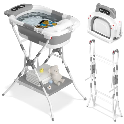Image of AVIDOR 2-in-1 Baby Bathtub with Stand for Newborn and Infants, Foldable Baby Bath Tub, Baby Shower Gifts for New Parents, Gray