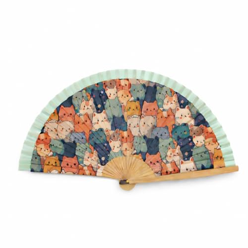 Genérico Abanico grande estampado Gatos plegable madera tela refrescante Anti Calor Verano 42x22cm. (Turquesa)