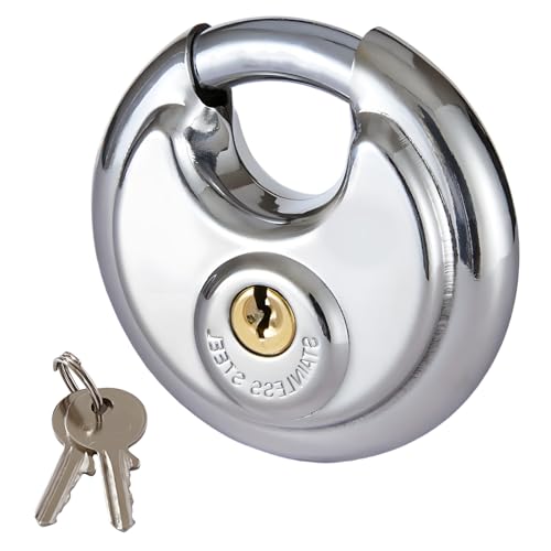 Image of DOETYD 70Mm Stainless Steel Disc Pad Lock Outdoor with 9.5Mm Shackle, Weatherproof Locks for Warehouse Container Garage Gate Shed Fence, Secure Heavy Duty Padlock with 2 Keys (Silver)
