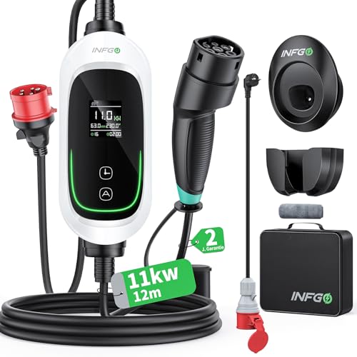 Mobile Wallbox 11kW [3-phasig, 12m, 6-16A], EV Charger mit Einstellbarer Ladeleistung & Timer-Funktion, Typ 2 Ladekabel CEE Stecker für Model Y/3, ID.3, i4, EQB, e-tron usw., Weiß