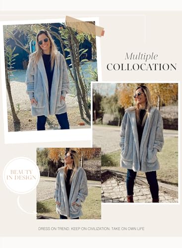 Image of Dokotoo Womens 2025 Winter Long Sleeve Solid Fuzzy Fleece Open Front Hooded Cardigans Jacket Coats Outerwear with Pocket