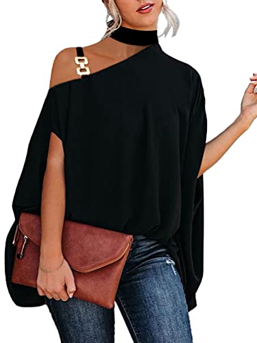 ORANDESIGNE Chemise Femme D'été à Manches Courtes Chemise Casual T-Shirt Work Haut Tops Blouse Femme Été Chemisie Mode À Manche Chauve-Souris Couleur Unie Loose Shirt A Noir L