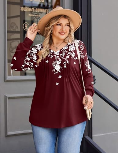 Image of IN'VOLAND Womens Plus Size Shirts V Neck Puff Long Sleeve Tops