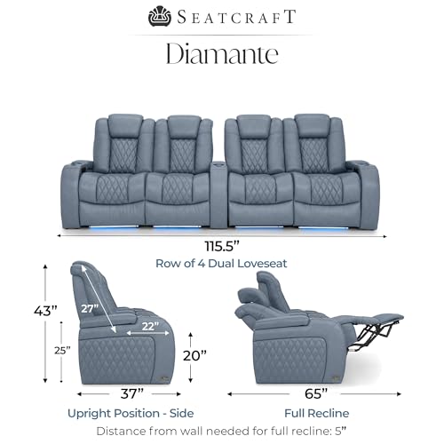 Image of Seatcraft Diamante Smokey Blue Italian Leather Home Theater Seating, Zero Gravity Power Recliner, Gaming and Home Office Chair, Powered Headrest Furniture for Cinema Room, Row of 4 Dual Loveseats